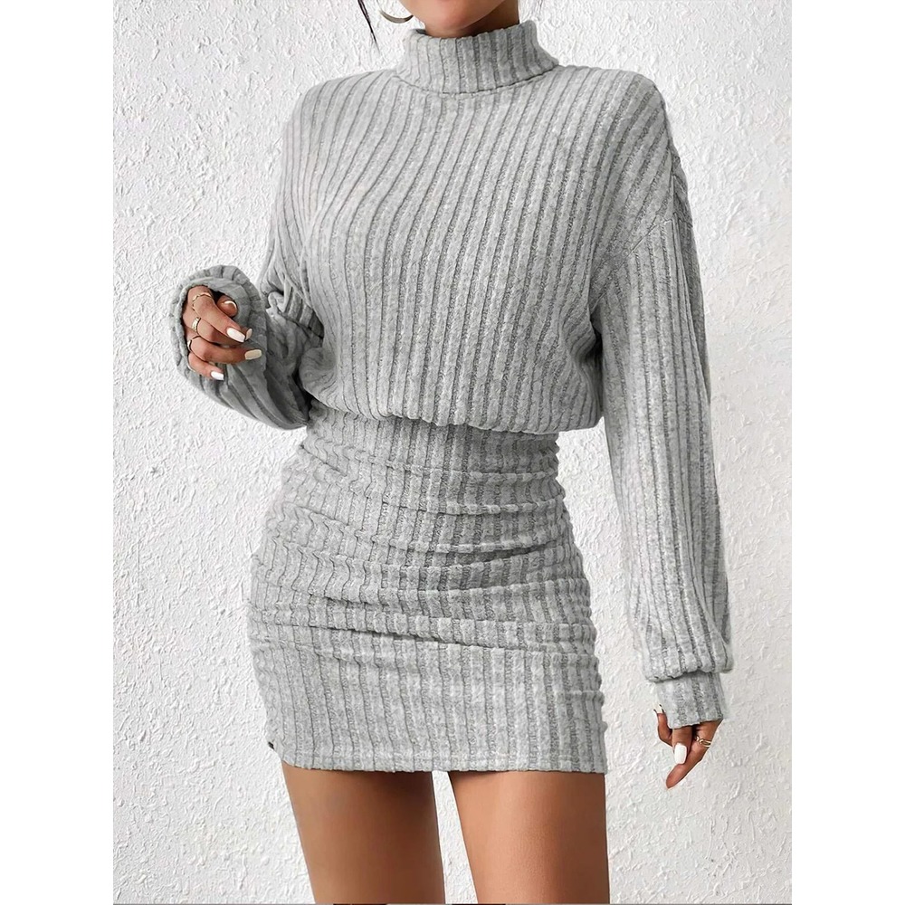 COMMENSE Light Grey Mock Neck Ribbed Mini Dress Long Sleeve Size M